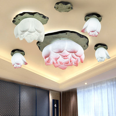 Traditional Chinese Lotus Iron Resin 1-Light Semi-Flush Mount Ceiling Light For Living Room