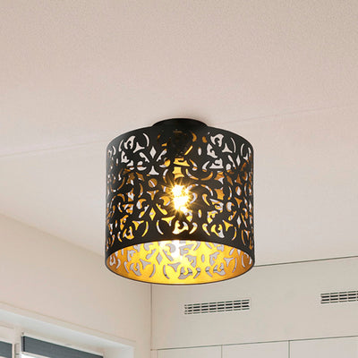 Modern Minimalist Round Cylinder Hollow Carved Iron 1-Light Semi-Flush Mount Ceiling Light For Living Room