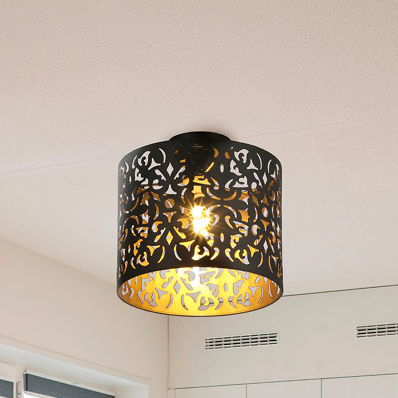 Modern Minimalist Round Cylinder Hollow Carved Iron 1-Light Semi-Flush Mount Ceiling Light For Living Room