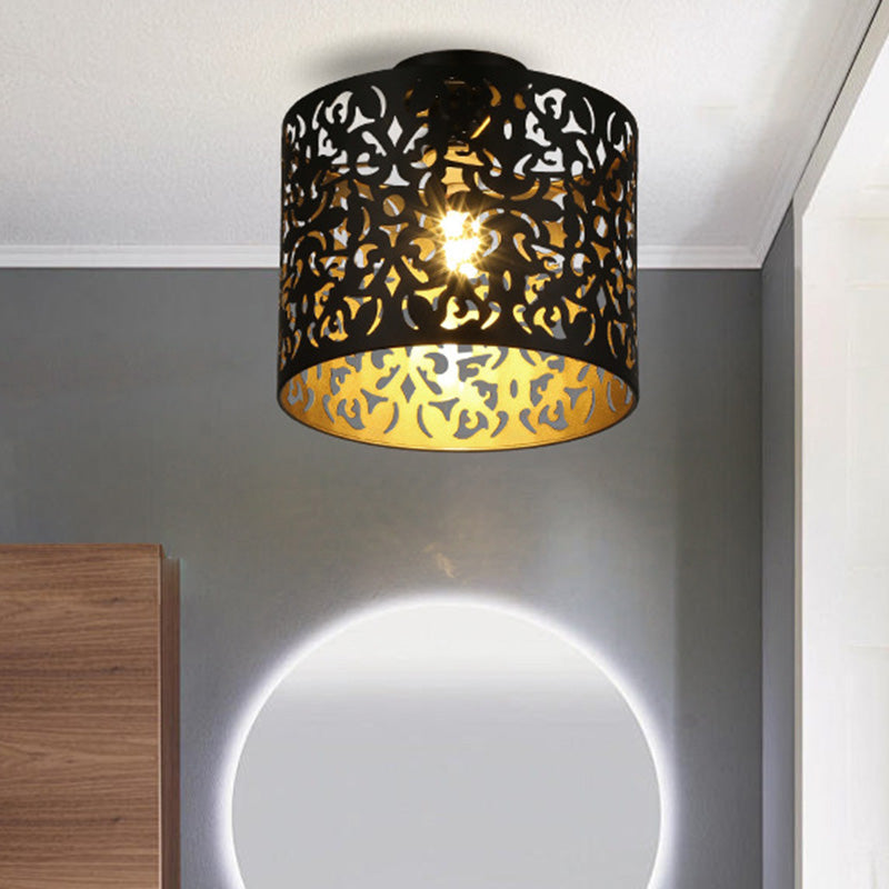 Modern Minimalist Round Cylinder Hollow Carved Iron 1-Light Semi-Flush Mount Ceiling Light For Living Room