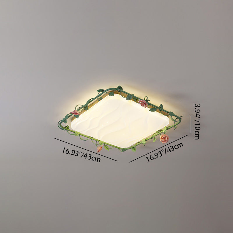 Zeitgenössische, kreative quadratische, rechteckige Rosenranken-Deckenleuchte aus Gummibaumholz mit Eisen-Acryl-Keramik-LED-Einbauleuchte für das Wohnzimmer 