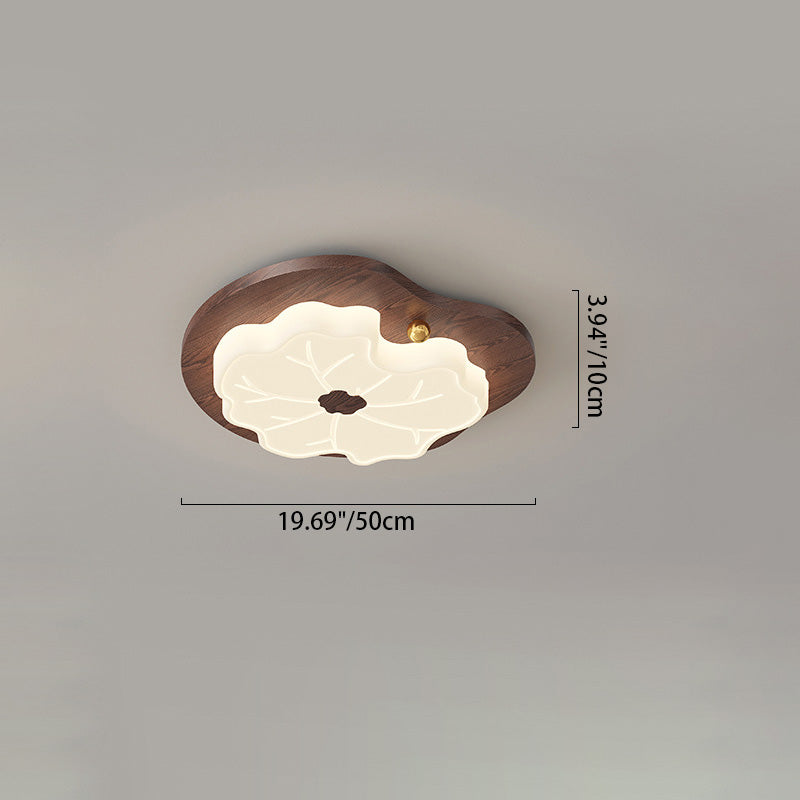 Zeitgenössische kreative Lotusblatt-Gummibaumholz-Basis PE-Schirm-LED-Unterputz-Deckenleuchte für Schlafzimmer 