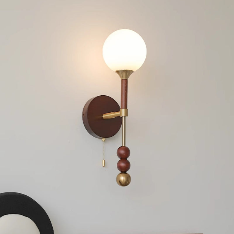 Traditional French Orb Beaded String Glass Shade Wood Hardware Frame 1-Light Wall Sconce Lamp For Living Room