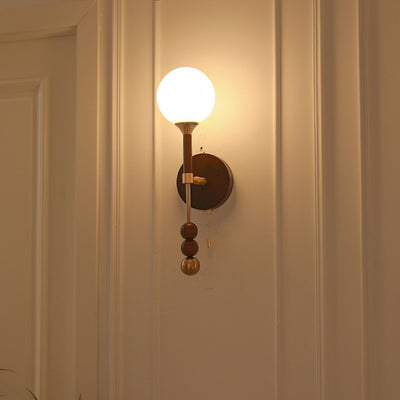 Traditional French Orb Beaded String Glass Shade Wood Hardware Frame 1-Light Wall Sconce Lamp For Living Room