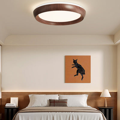 Contemporary Nordic Round Disc Wood Grain Iron Frame Acrylic Shade LED Flush Mount Ceiling Light For Bedroom