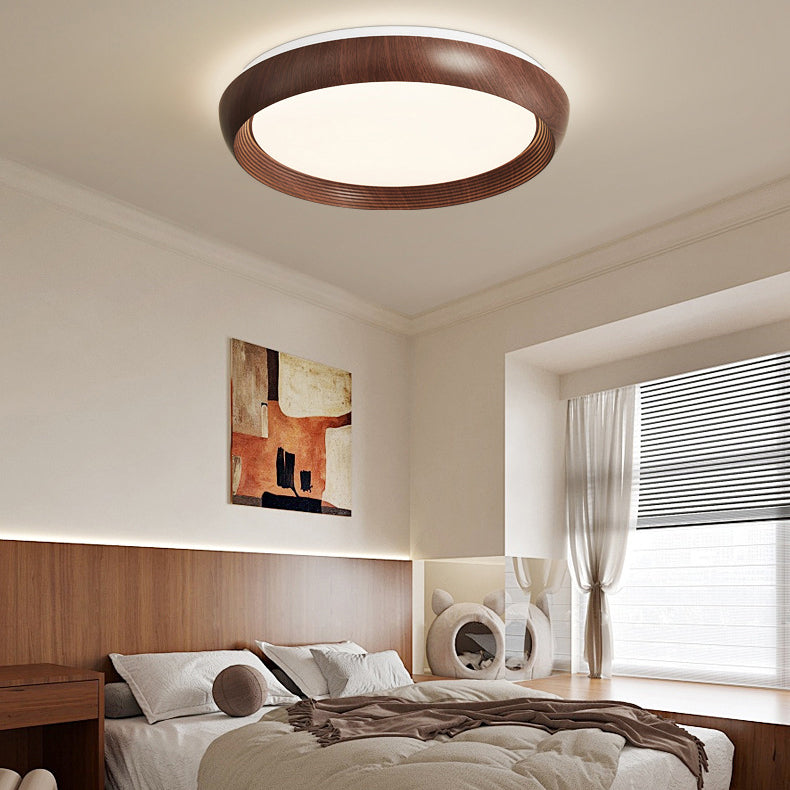 Contemporary Nordic Round Disc Wood Grain Iron Frame Acrylic Shade LED Flush Mount Ceiling Light For Bedroom