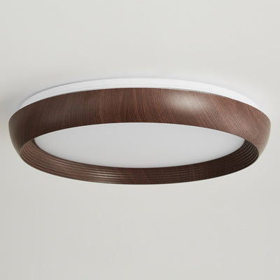 Contemporary Nordic Round Disc Wood Grain Iron Frame Acrylic Shade LED Flush Mount Ceiling Light For Bedroom