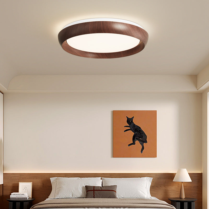 Contemporary Nordic Round Disc Wood Grain Iron Frame Acrylic Shade LED Flush Mount Ceiling Light For Bedroom