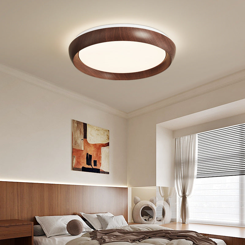 Contemporary Nordic Round Disc Wood Grain Iron Frame Acrylic Shade LED Flush Mount Ceiling Light For Bedroom