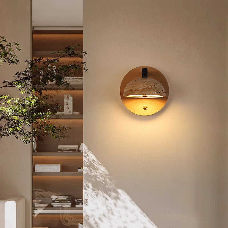 Traditional Japanese Half Round Dome Yellow Travertine Shade Wooden Base LED Wall Sconce Lamp For Living Room