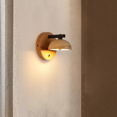 Traditional Japanese Half Round Dome Yellow Travertine Shade Wooden Base LED Wall Sconce Lamp For Living Room