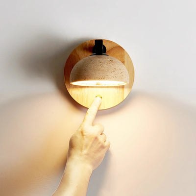 Traditional Japanese Half Round Dome Yellow Travertine Shade Wooden Base LED Wall Sconce Lamp For Living Room