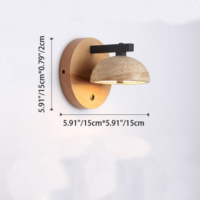 Traditional Japanese Half Round Dome Yellow Travertine Shade Wooden Base LED Wall Sconce Lamp For Living Room