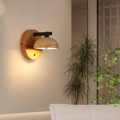 Traditional Japanese Half Round Dome Yellow Travertine Shade Wooden Base LED Wall Sconce Lamp For Living Room