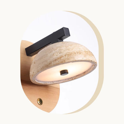 Traditional Japanese Half Round Dome Yellow Travertine Shade Wooden Base LED Wall Sconce Lamp For Living Room