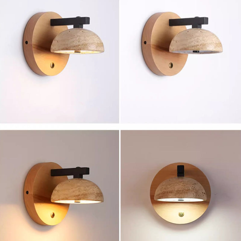 Traditional Japanese Half Round Dome Yellow Travertine Shade Wooden Base LED Wall Sconce Lamp For Living Room