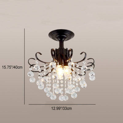 Traditional European Round Curved Pole Carved Crystal Shade Iron Frame 3-Light Semi-Flush Mount Ceiling Light For Living Room