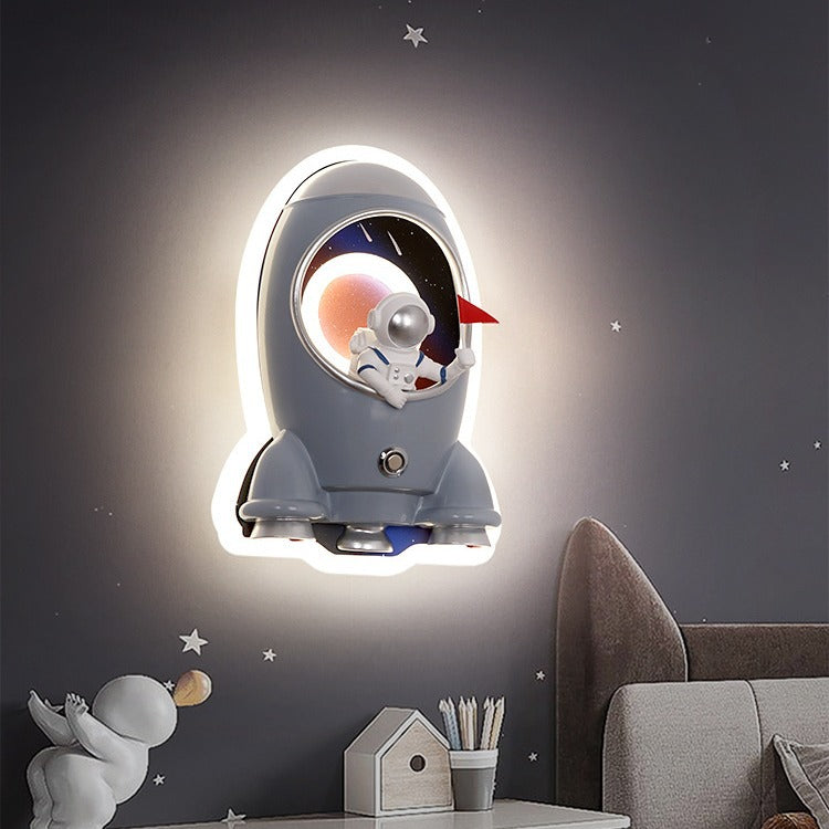 Zeitgenössische kreative Kinder Rakete Astronaut Metall Harz Schatten LED Wandleuchte Lampe für Schlafzimmer 