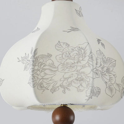 Contemporary Retro Round Dome Floral Print Hardware Frame Solid Wood Fabric 1-Light Semi-Flush Mount Ceiling Light For Living Room