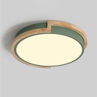 Contemporary Nordic Round Wood Iron Frame Acrylic Shade LED Flush Mount Ceiling Light For Bedroom