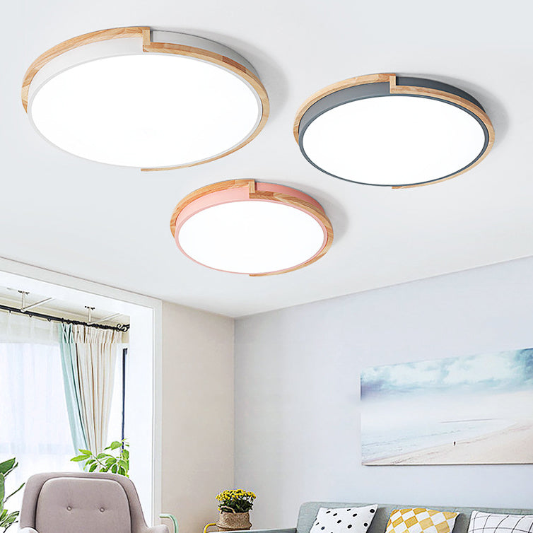 Contemporary Nordic Round Wood Iron Frame Acrylic Shade LED Flush Mount Ceiling Light For Bedroom