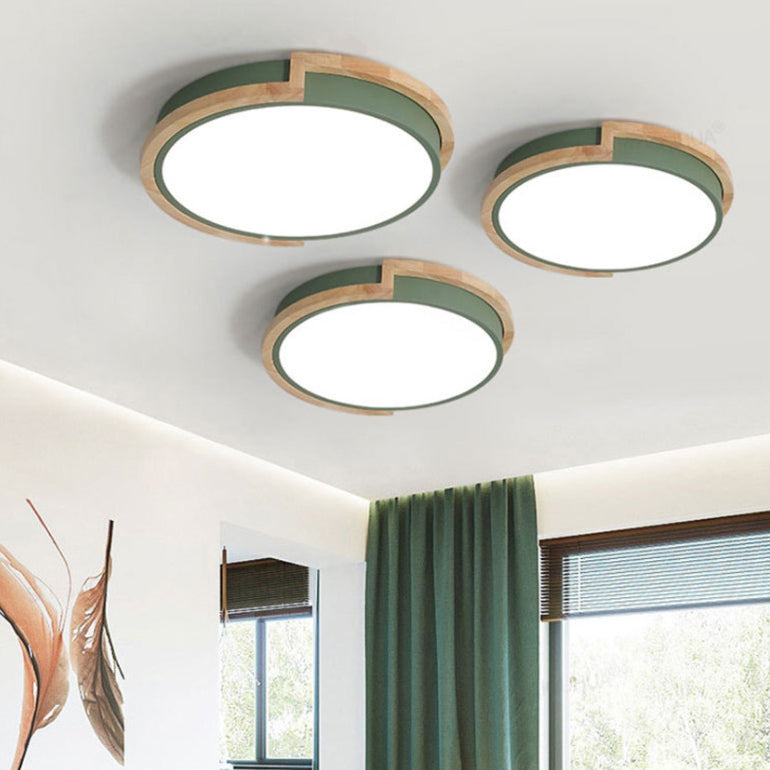 Contemporary Nordic Round Wood Iron Frame Acrylic Shade LED Flush Mount Ceiling Light For Bedroom