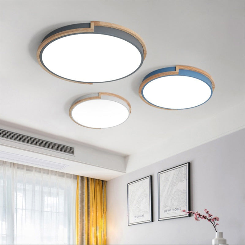 Contemporary Nordic Round Wood Iron Frame Acrylic Shade LED Flush Mount Ceiling Light For Bedroom