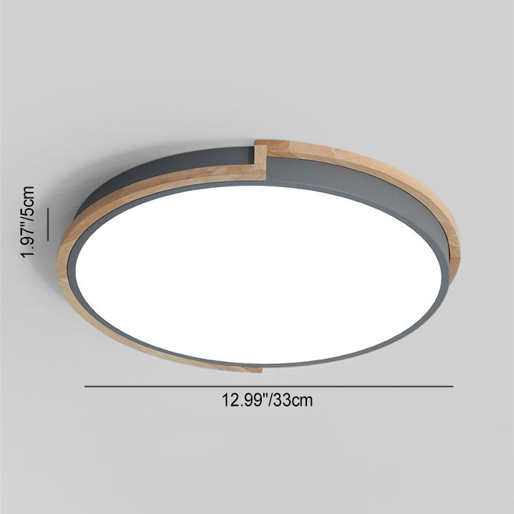 Contemporary Nordic Round Wood Iron Frame Acrylic Shade LED Flush Mount Ceiling Light For Bedroom