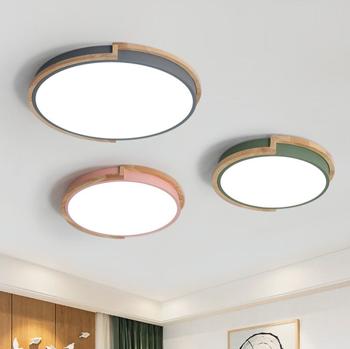 Contemporary Nordic Round Wood Iron Frame Acrylic Shade LED Flush Mount Ceiling Light For Bedroom