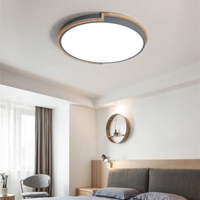 Contemporary Nordic Round Wood Iron Frame Acrylic Shade LED Flush Mount Ceiling Light For Bedroom