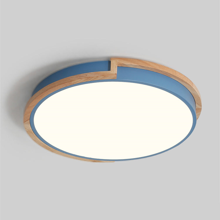 Contemporary Nordic Round Wood Iron Frame Acrylic Shade LED Flush Mount Ceiling Light For Bedroom