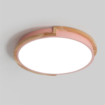 Contemporary Nordic Round Wood Iron Frame Acrylic Shade LED Flush Mount Ceiling Light For Bedroom