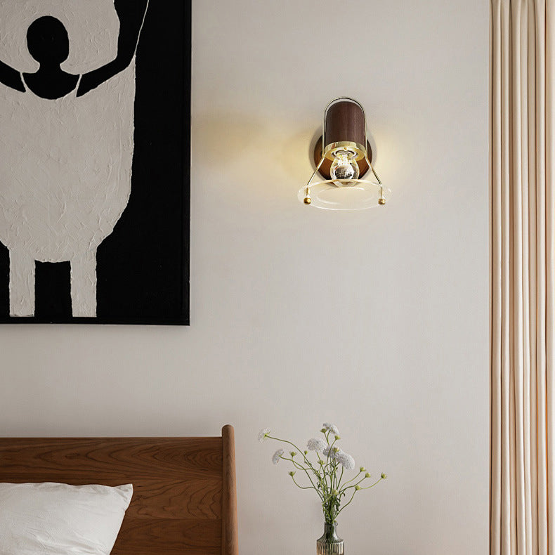 Contemporary Retro Cylinder Circle Horn Shape Iron Wood 1-Light Wall Sconce Lamp For Bedroom