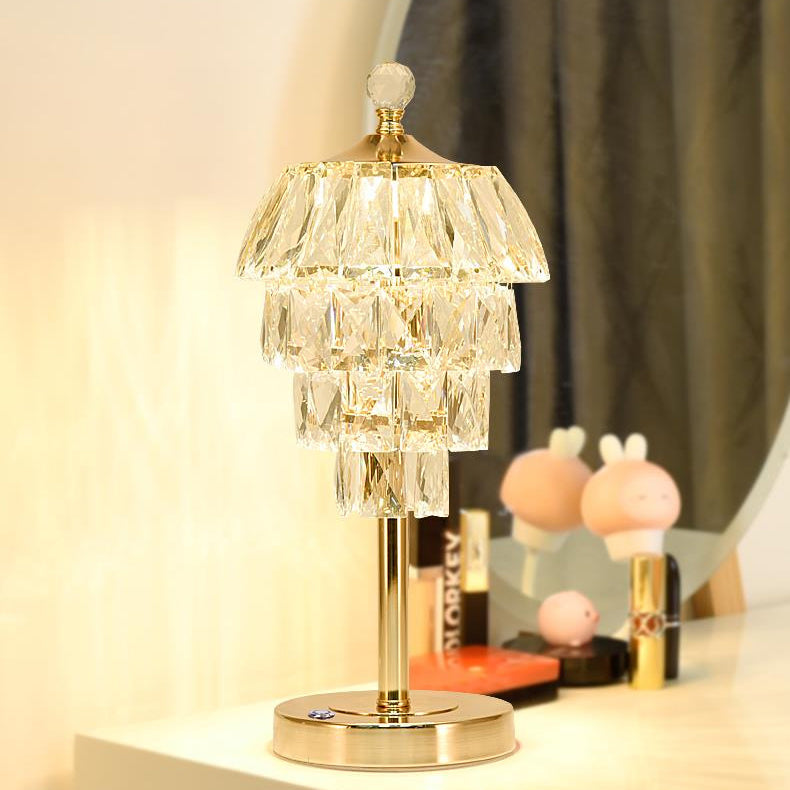 Modern Art Deco Round Square Crystal Shade Metal LED Table Lamp For Bedroom