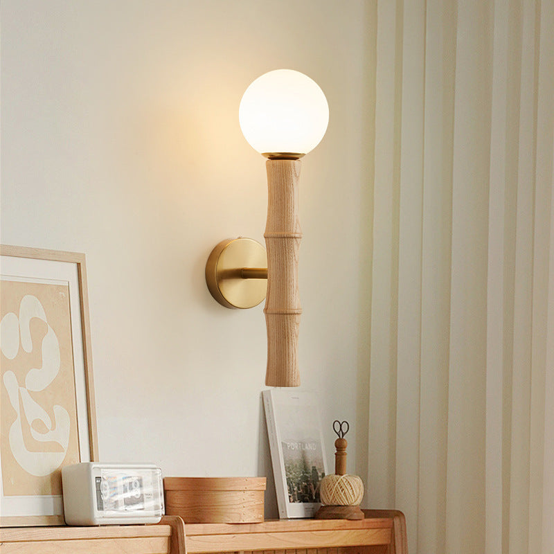 Contemporary Retro Cylinder Bamboo Shape Solid Wood 1-Light Wall Sconce Lamp For Living Room