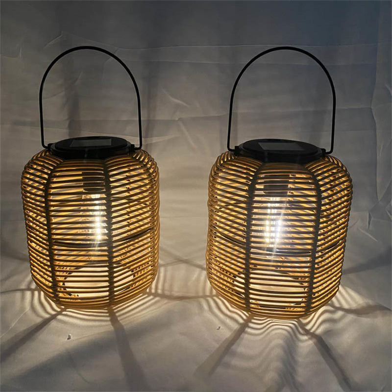 Modern Art Deco Solar Waterproof Cylinder Lantern Hollow Out Plastic Iron LED Outdoor Light For Garden