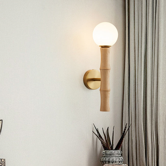 Contemporary Retro Cylinder Bamboo Shape Solid Wood 1-Light Wall Sconce Lamp For Living Room