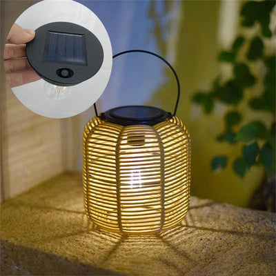 Modern Art Deco Solar Waterproof Cylinder Lantern Hollow Out Plastic Iron LED Outdoor Light For Garden