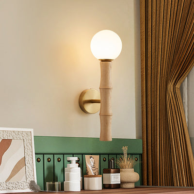 Contemporary Retro Cylinder Bamboo Shape Solid Wood 1-Light Wall Sconce Lamp For Living Room