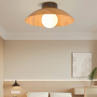 Modern Minimalist Round Dome Wood Grain Iron Shade 1-Light Semi-Flush Mount Ceiling Light For Living Room