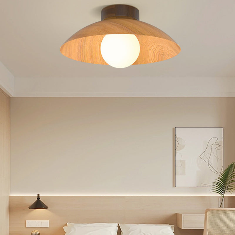 Modern Minimalist Round Dome Wood Grain Iron Shade 1-Light Semi-Flush Mount Ceiling Light For Living Room