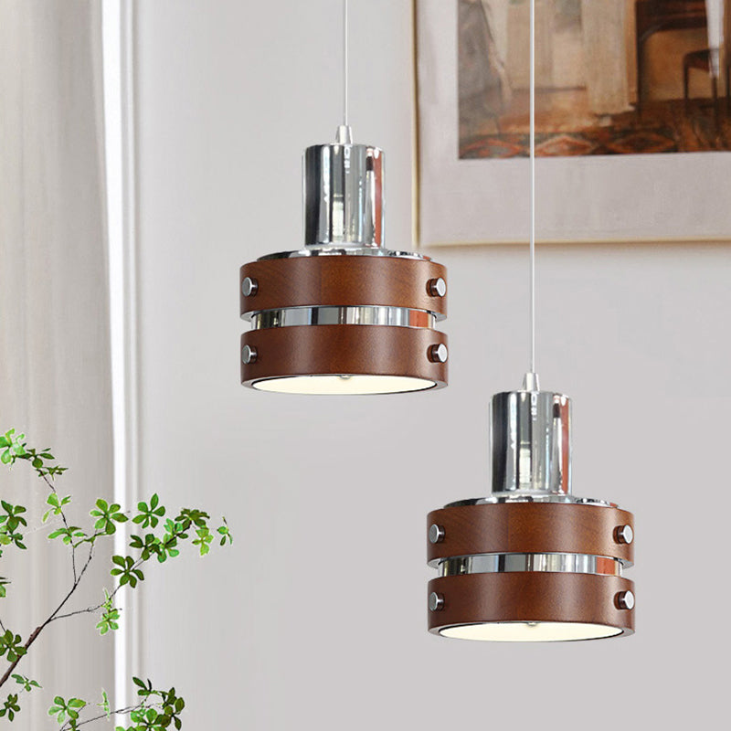 Contemporary Nordic Dome Cylinder Horn Shape Wood Grain Iron Shade 1-Light Pendant Light For Bedroom