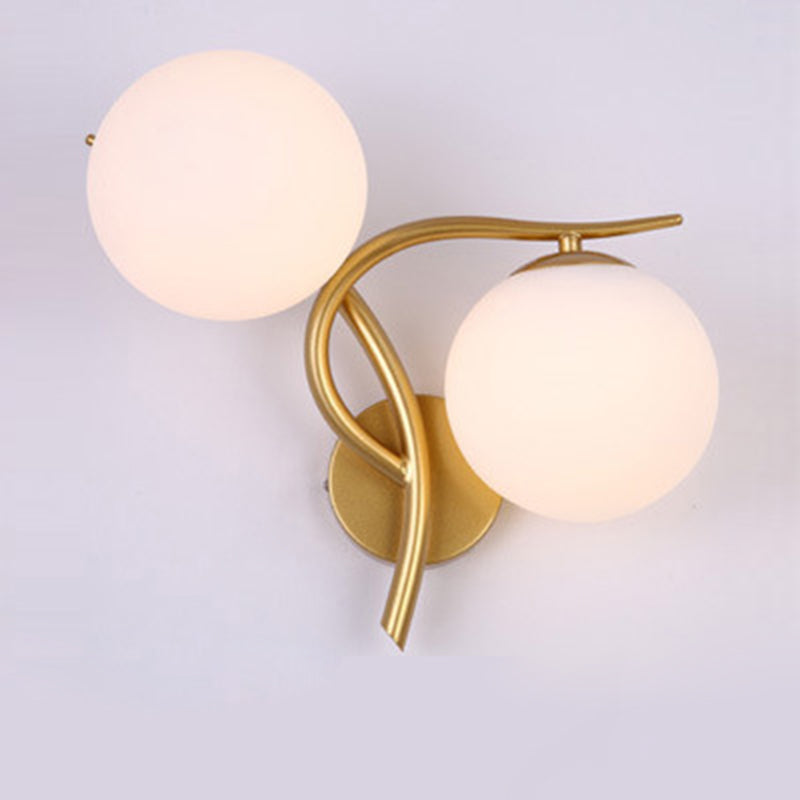 Modern Minimalist Curved Pole Orb Glass Shade Hardware Frame 2-Light Wall Sconce Lamp For Bedroom