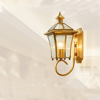 Traditional European Quadrangle Candle Holder Copper Frame Glass Shade 1-Light Wall Sconce Lamp For Garden