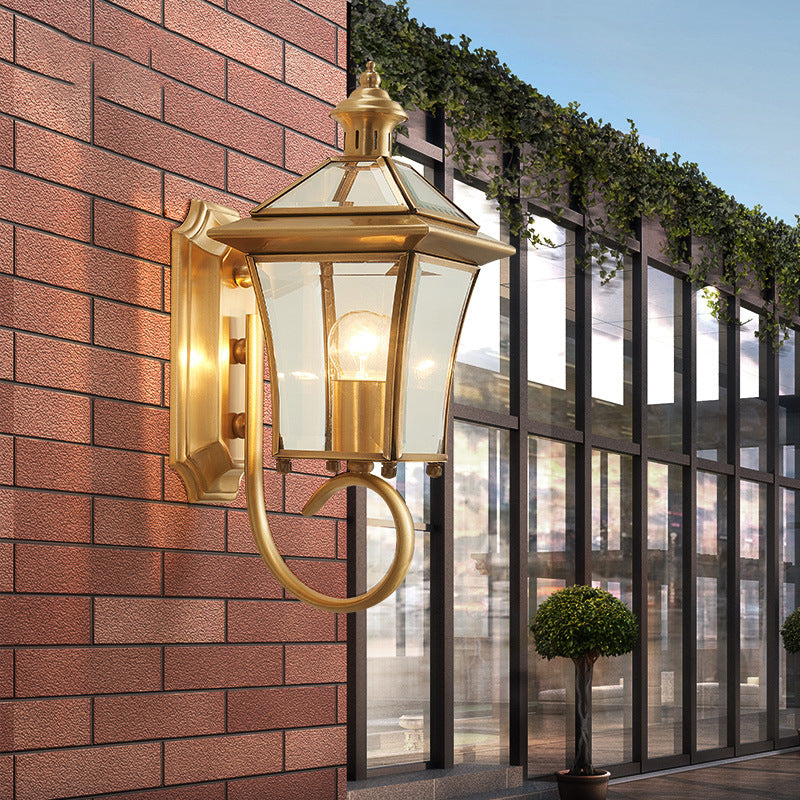 Traditional European Quadrangle Candle Holder Copper Frame Glass Shade 1-Light Wall Sconce Lamp For Garden