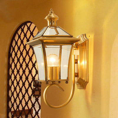 Traditional European Quadrangle Candle Holder Copper Frame Glass Shade 1-Light Wall Sconce Lamp For Garden