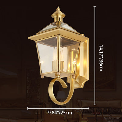 Traditional European Quadrangle Candle Holder Copper Frame Glass Shade 1-Light Wall Sconce Lamp For Garden