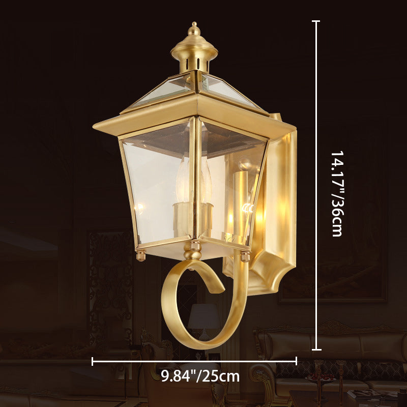 Traditional European Quadrangle Candle Holder Copper Frame Glass Shade 1-Light Wall Sconce Lamp For Garden