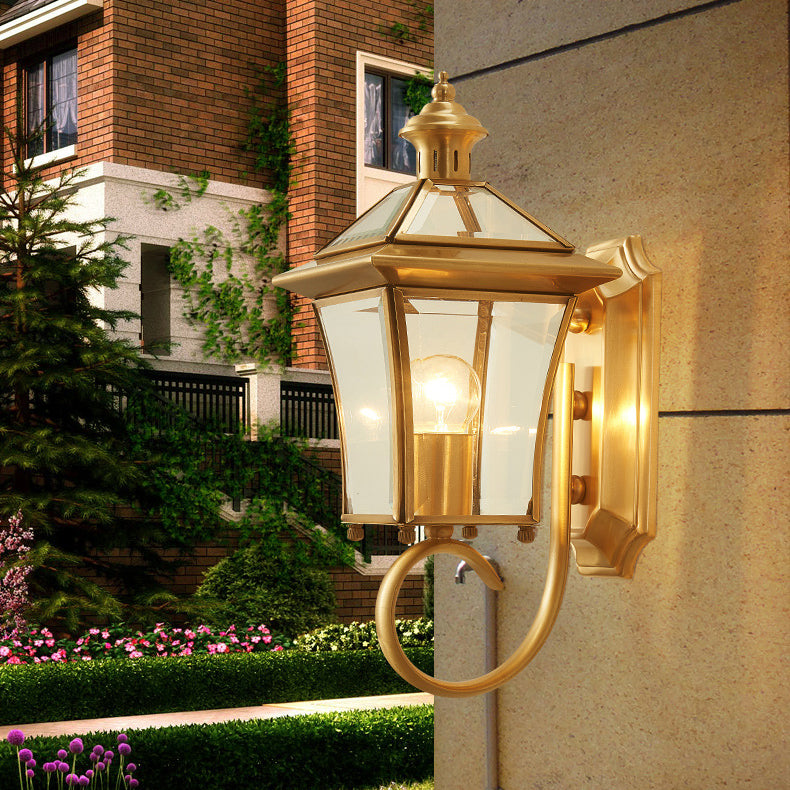 Traditional European Quadrangle Candle Holder Copper Frame Glass Shade 1-Light Wall Sconce Lamp For Garden