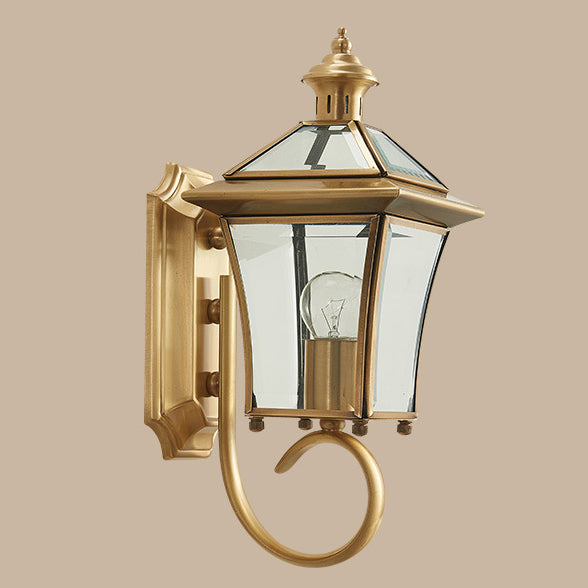 Traditional European Quadrangle Candle Holder Copper Frame Glass Shade 1-Light Wall Sconce Lamp For Garden